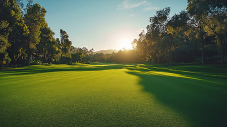 A golfer is captured mid swing on a lush green golf course. The sun is setting, casting a warm glow on the landscape, enhancing the beauty of the surroundings.の素材