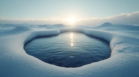 A clear, circular pool of water is bordered by pristine, untouched snow in a tranquil winter landscape. Bright sunlight reflects off the waters surface, creating a serene atmosphere.の素材