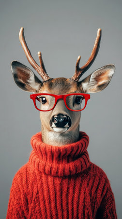 A reindeer with impressive antlers wears bright red glasses and a festive sweater. Snowflakes fall softly around it, creating a cheerful winter atmosphere perfect for the holiday season.の素材