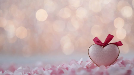 A beautifully wrapped gift box sits on a table surrounded by delicate rose petals. Soft, glowing lights create a romantic atmosphere, perfect for a special occasion or celebration.の素材