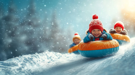 Kids slide down a snowy hill on colorful inflatable tubes, wearing cheerful hats and mittens. The sun shines through trees, creating a joyful winter atmosphere.の素材
