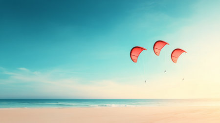 Three vibrant kites soar above a serene beach, capturing the essence of adventure as sunlight reflects on the calm waters. The scene embodies leisure and excitement at the end of the day.の素材
