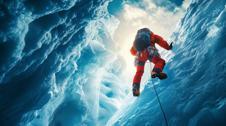 A climber dressed in bright orange gear tackles a steep icy wall, surrounded by rugged mountains. The blue ice contrasts sharply with the rocky terrain under a cloudy sky.の素材