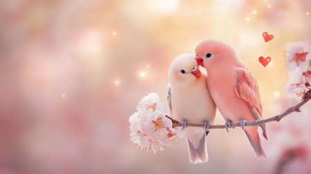 Two vibrant birds share a tender moment on a branch adorned with delicate blossoms. Hearts float around them, creating a whimsical and romantic atmosphere.の素材