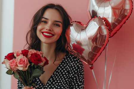 A young woman poses happily, holding a bouquet of roses and two shiny red heart shaped balloons. The bright pink background enhances her joyful expression, celebrating love and affection.の素材