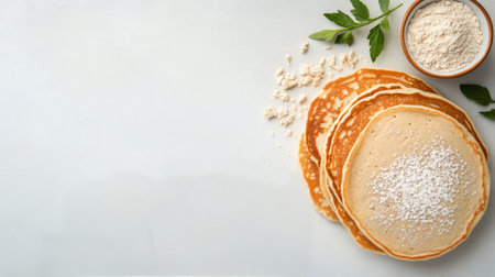 A stack of freshly made pancakes sits on a smooth surface, accompanied by a bowl of flour and sprigs of fresh herbs. This setup is ideal for a cozy breakfast.の素材