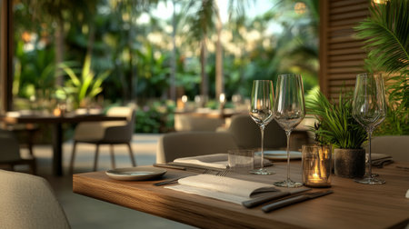 Tables set for dinner feature elegant glassware and a wine bottle, surrounded by vibrant plants and gentle lighting. The serene atmosphere is enhanced by lush foliage and soft evening illumination.の素材