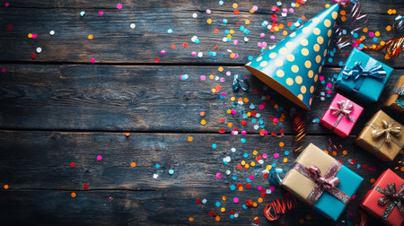 Brightly wrapped gifts are arranged on a surface, accompanied by a festive party hat. Colorful confetti and bokeh lights enhance the cheerful ambiance, perfect for a celebration.の素材
