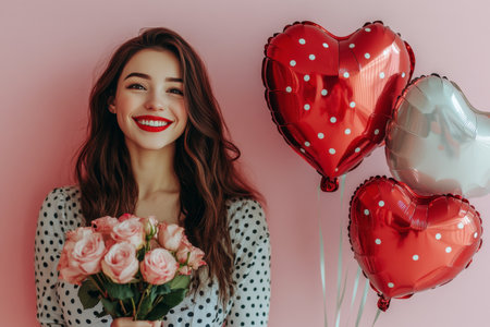 A young woman poses happily, holding a bouquet of roses and two shiny red heart shaped balloons. The bright pink background enhances her joyful expression, celebrating love and affection.の素材