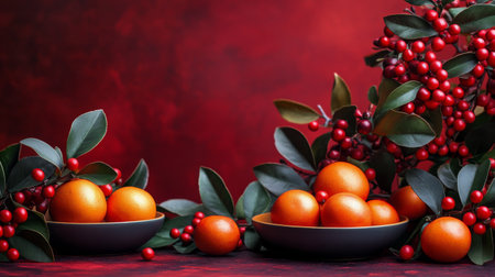 A vibrant display showcases red lanterns hanging among delicate cherry blossoms, illuminated against a bold red wall. This arrangement evokes a festive and cultural ambiance.の素材