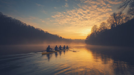 A group of six rowers navigates along a tranquil river at dawn. The sun rises behind the trees, casting a warm glow on the water and illuminating the scenic landscape with soft colors.の素材