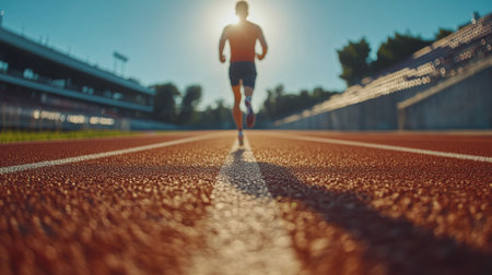 A lone runner practices on a vibrant red track under a clear blue sky with fluffy white clouds. The afternoon sun casts a warm glow, enhancing the serene atmosphere.の素材