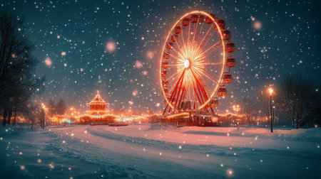 A ferris wheel and carousel glow with colorful lights against a snowy backdrop during a winter night. Snowflakes gently fall, creating a magical and festive atmosphere in the scene.の素材