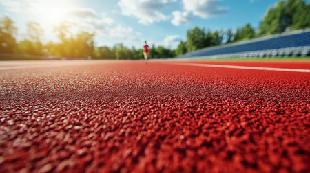 A lone runner practices on a vibrant red track under a clear blue sky with fluffy white clouds. The afternoon sun casts a warm glow, enhancing the serene atmosphere.の素材