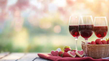Two glasses of red wine sit alongside fresh strawberries and heart shaped cookies on a picnic blanket. The warm glow of sunset enhances the romantic atmosphere in a natural garden.の素材