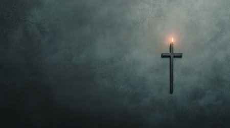 A flickering candle illuminates a dark wooden cross, casting soft light against a textured, muted stone wall. The atmosphere feels serene, inviting contemplation and reflection.の素材