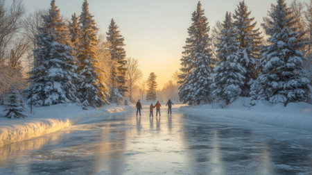 People skate gracefully across a frozen pond surrounded by a winter landscape, with snow covered trees creating a serene atmosphere on a chilly day.の素材