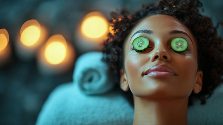 A woman lies on a spa table with cucumber slices resting on her eyes, surrounded by soft lighting and lush greenery. She appears calm and serene, enjoying a moment of self care.の素材