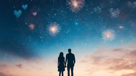 A couple stands together watching a vibrant fireworks display at night. Colorful explosions fill the sky, creating heart shapes and bright patterns, symbolizing love and celebration.の素材