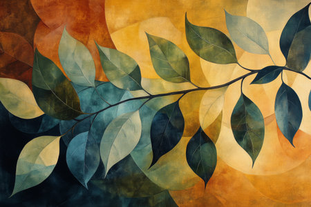 This artwork showcases a stylized branch with various leaves set against a backdrop of warm yellows and cool blues. The combination creates a modern, artistic feel perfect for interior spaces.の素材