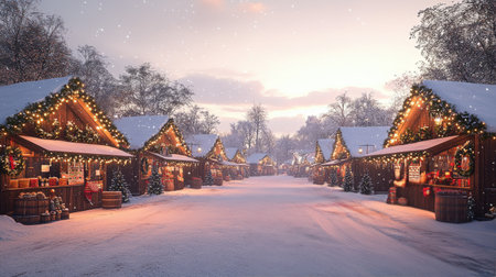Visitors stroll through a charming winter market adorned with lights and festive decorations. Wooden stalls offer holiday goods while snow blankets the ground, creating a magical atmosphere.の素材