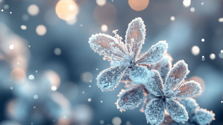 Delicate flowers covered in frost reflect gentle winter light while snowflakes softly fall in a peaceful outdoor setting, creating a serene and magical atmosphere.の素材