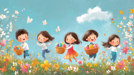Groups of children joyfully run through a lush field filled with blooming flowers, carrying baskets filled with colorful eggs.の素材
