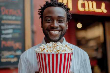 A cheerful young man smiles broadly while holding a large bucket of popcorn. The background features a colorful cafe with a welcoming atmosphere and vibrant signage, indicating a joyful outing.の素材