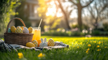 A festive gathering features adorable bunny shaped snacks arranged on a blanket. A basket holds decorated eggs, and a refreshing drink sits nearby under the warm sun.の素材