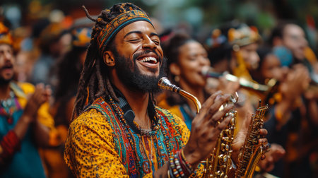 A joyful woman smiles at the camera while dressed in a colorful costume, surrounded by musicians playing instruments at a lively festival during the evening.の素材