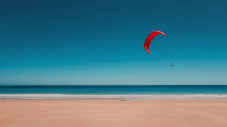 Three vibrant kites soar above a serene beach, capturing the essence of adventure as sunlight reflects on the calm waters. The scene embodies leisure and excitement at the end of the day.の素材