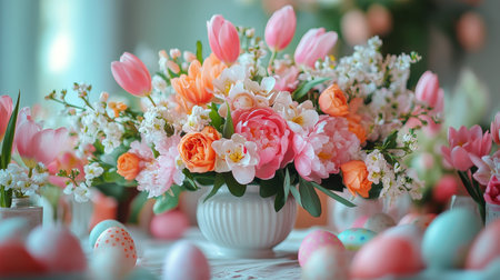A vibrant display of spring flowers in shades of orange and pink adorns a table. Surrounding the floral centerpiece, beautifully painted eggs create an inviting atmosphere for the Easter festivities.の素材
