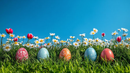 Beautifully decorated Easter eggs in pastel colors are surrounded by blooming daisies and lush green grass, creating a cheerful spring atmosphere perfect for celebration and joy.の素材