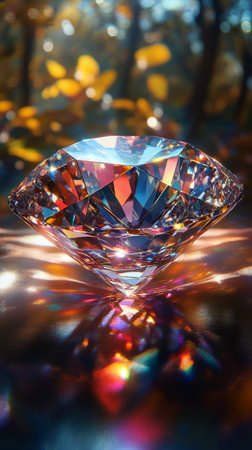 A brilliant cut diamond sits atop a dark surface, capturing and reflecting colorful light from surrounding foliage. Sunlight enhances its faces, creating a mesmerizing visual display.の素材