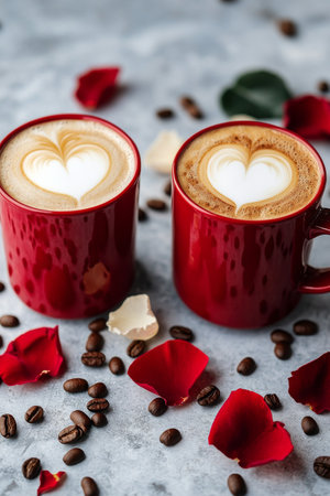 Two red coffee cups sit elegantly on a gray surface, each topped with heart shaped foam art. Red rose petals and coffee beans create a romantic atmosphere for a cozy moment.の素材