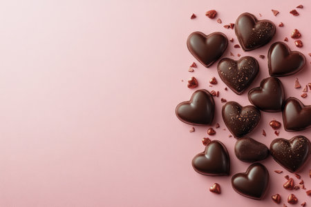Dark chocolate heart shaped candies are artistically arranged on a soft pink background, sprinkled with tiny red candy pieces. This display is perfect for celebrations or gifts.の素材