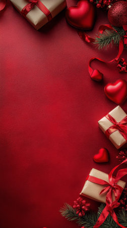 A vibrant red backdrop heart features shaped decorations and gifts, creating a romantic atmosphere perfect for a celebration like Valentines Day. Various sizes and textures add visual interest.の素材