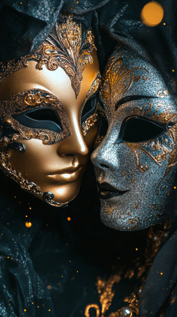 Two beautifully crafted masks are positioned closely together, showing intricate designs in black and gold. The contrast highlights the elegance of each mask, set against a dark backdrop.の素材