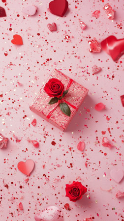 A beautifully wrapped gift box is placed on a pink background scattered with rose petals and heart shapes. This festive display is perfect for romantic celebrations or special occasions.の素材