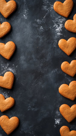 Heart shaped cookies are arranged neatly on a dark surface, surrounded by a light dusting of flour. The cookies have a golden color and showcase a festive appearance, perfect for celebrations.の素材
