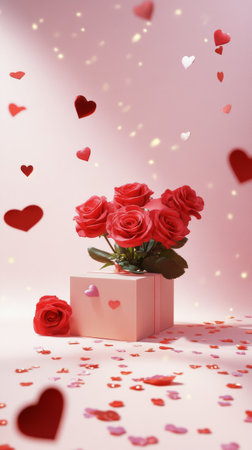 A beautifully wrapped gift box is placed on a pink background scattered with rose petals and heart shapes. This festive display is perfect for romantic celebrations or special occasions.の素材