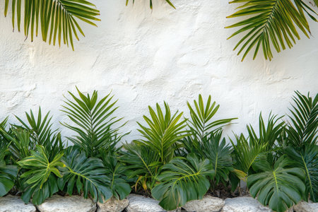 Vibrant tropical foliage thrives along the base of a textured white wall. Various shades of green create a refreshing atmosphere, ideal for relaxation in an outdoor setting.の素材