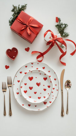 A festive table setting features white plates adorned with small red hearts and a gift box wrapped in red ribbon. Heart shaped decorations and ribbons create a romantic atmosphere for celebration.の素材