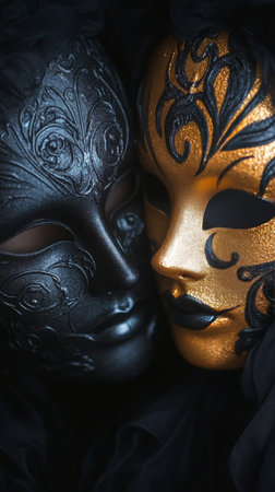 Two beautifully crafted masks are positioned closely together, showing intricate designs in black and gold. The contrast highlights the elegance of each mask, set against a dark backdrop.の素材