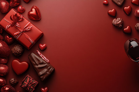 A red wine bottle wrapped with a red ribbon rests next to assorted heart shaped chocolates on a vibrant red surface, perfect for a romantic occasion or celebration.の素材
