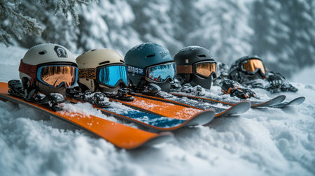 A variety of skis and snowboards are arranged neatly on a snowy surface surrounded by dense trees. Bright colors contrast with the white snow, creating a vibrant winter setting.の素材