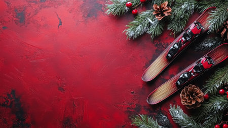 Vintage wooden skis are placed on a vibrant red background, surrounded by pine branches and festive decor. The arrangement evokes a cozy winter holiday atmosphere.の素材