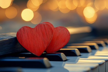 Two red wooden hearts rest on the keys of a piano, illuminated by soft bokeh lights in the background. The scene evokes a warm and romantic ambiance, perfect for a special moment.の素材