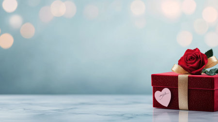 A red gift box adorned with a shiny gold ribbon is placed beside fresh roses and gold confetti. This arrangement evokes feelings of celebration and joy in a festive setting.の素材