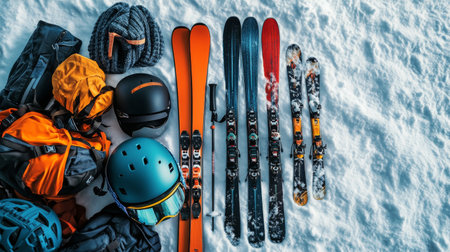 A variety of skis and snowboards are arranged neatly on a snowy surface surrounded by dense trees. Bright colors contrast with the white snow, creating a vibrant winter setting.の素材